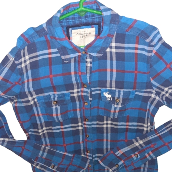 Abercrombie & Fitch Flannel Plaid Shirt Size Small Moose Logo Long Sleeve Blue - Picture 3 of 9